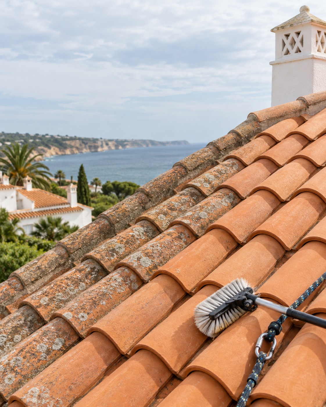 Terracotta roof being carefully cleaned